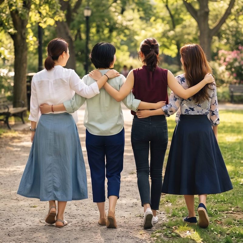 肩を組んで並木道を歩く4人の女性